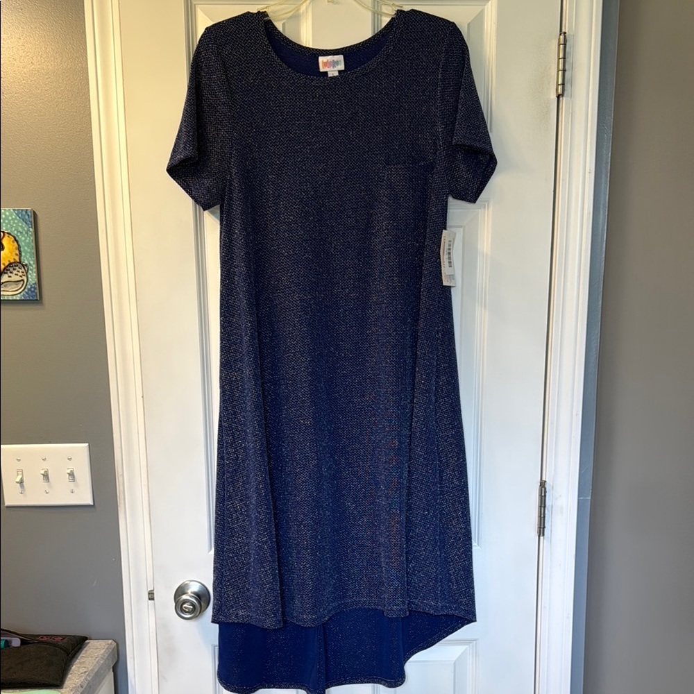 NWT LuLaRoe Elegant Carly Dress Blue with Silver Zig Zag Design Size Large